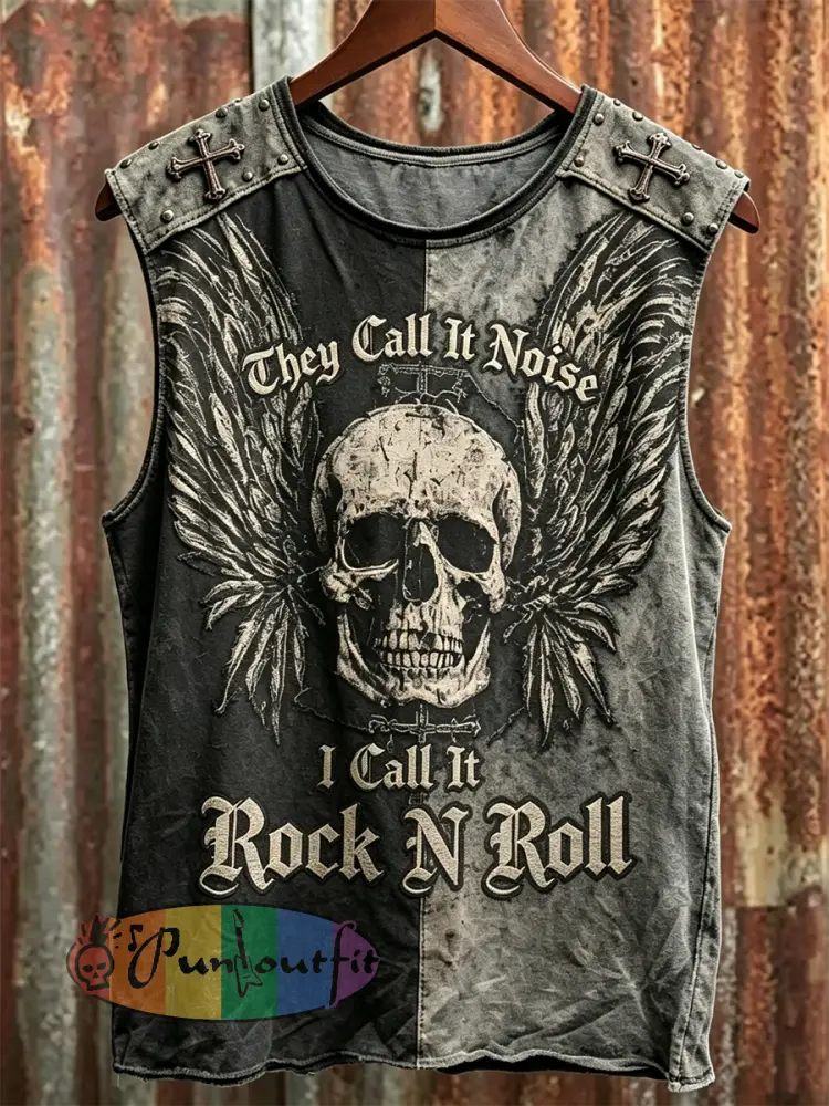 Men’s They Call It Noise I Call It Rock N Roll Skull with Wings Print Racket Vest - Black · S