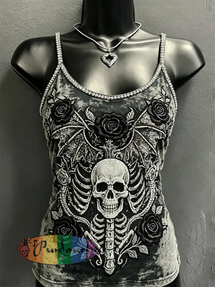 Women’s Rock Style Skull with Bat Wings Roses Print Spaghetti-Strap Tank Top - Gray · S