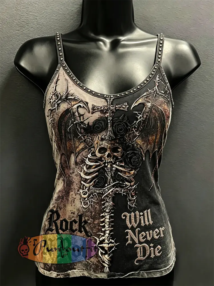 Women’s Rock N Roll Will Never Die Skull & Cross Roses Print Contrast Spaghetti-Strap Tank Top - Khaki · S