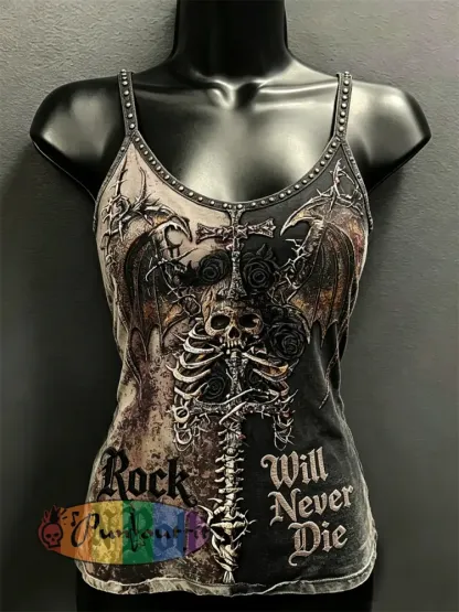 Women’s Rock N Roll Will Never Die Skull & Cross Roses Print Contrast Spaghetti-Strap Tank Top - Khaki · S