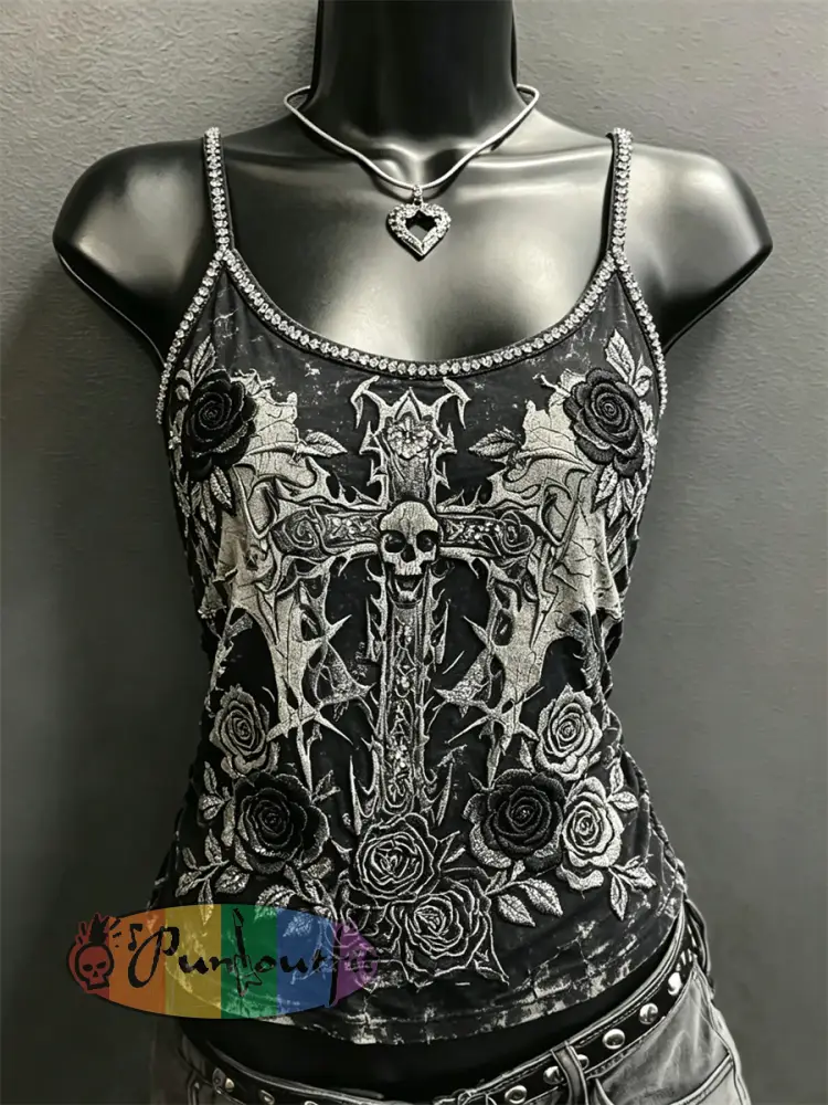 Women’s Rock Style Skull Cross & Roses Print Spaghetti-Strap Tank Top - Black · S