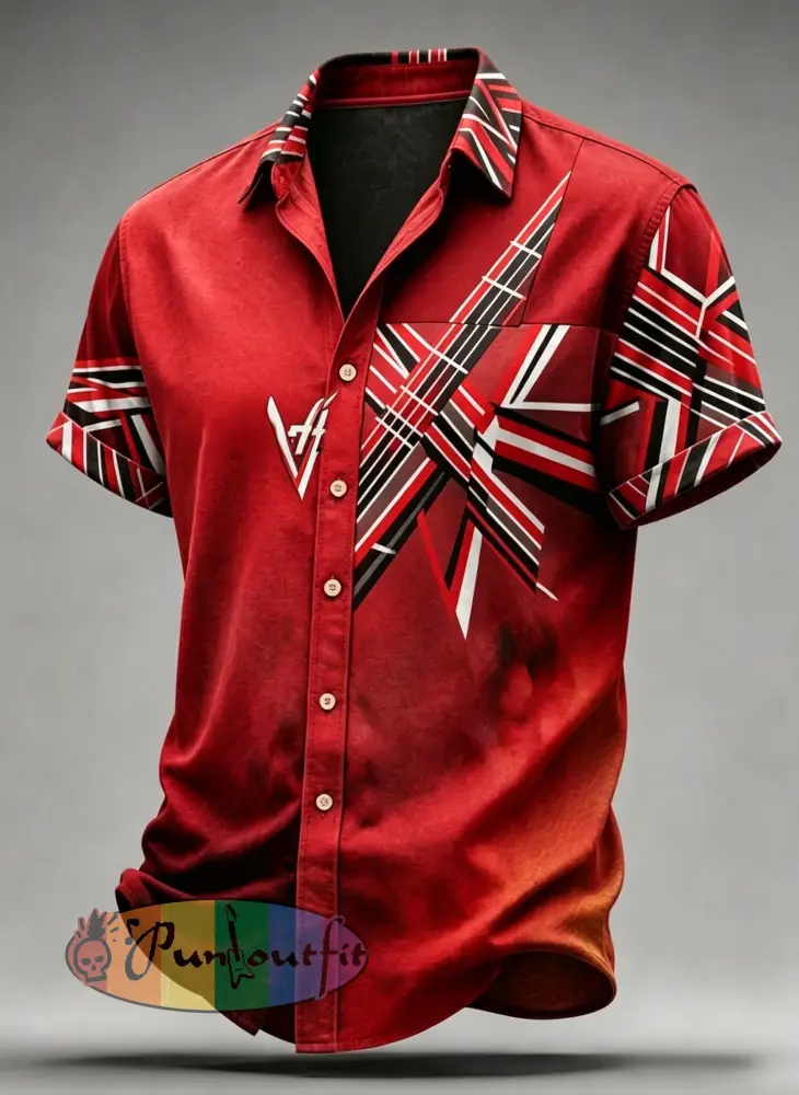 Men’s Vintage VH Guitar Line Illustration Abstract Print Casual Cotton Short Sleeve Shirt - Red · S
