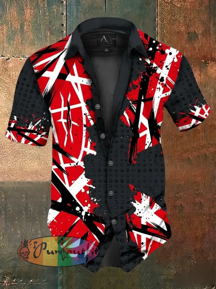 Men’s Vintage VH Guitar Line Illustration Abstract Print Casual Cotton Short Sleeve Shirt - Red · S