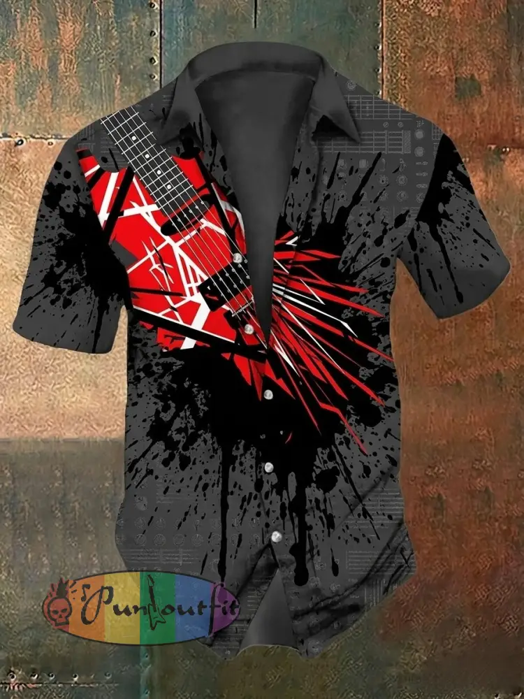 Men’s Vintage VH Guitar Line Illustration Abstract Print Casual Cotton Short Sleeve Shirt - Gray · S