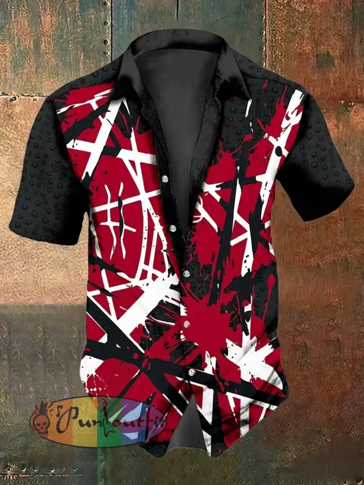 Men’s Vintage VH Guitar Line Illustration Abstract Print Casual Cotton Short Sleeve Shirt - Red · S