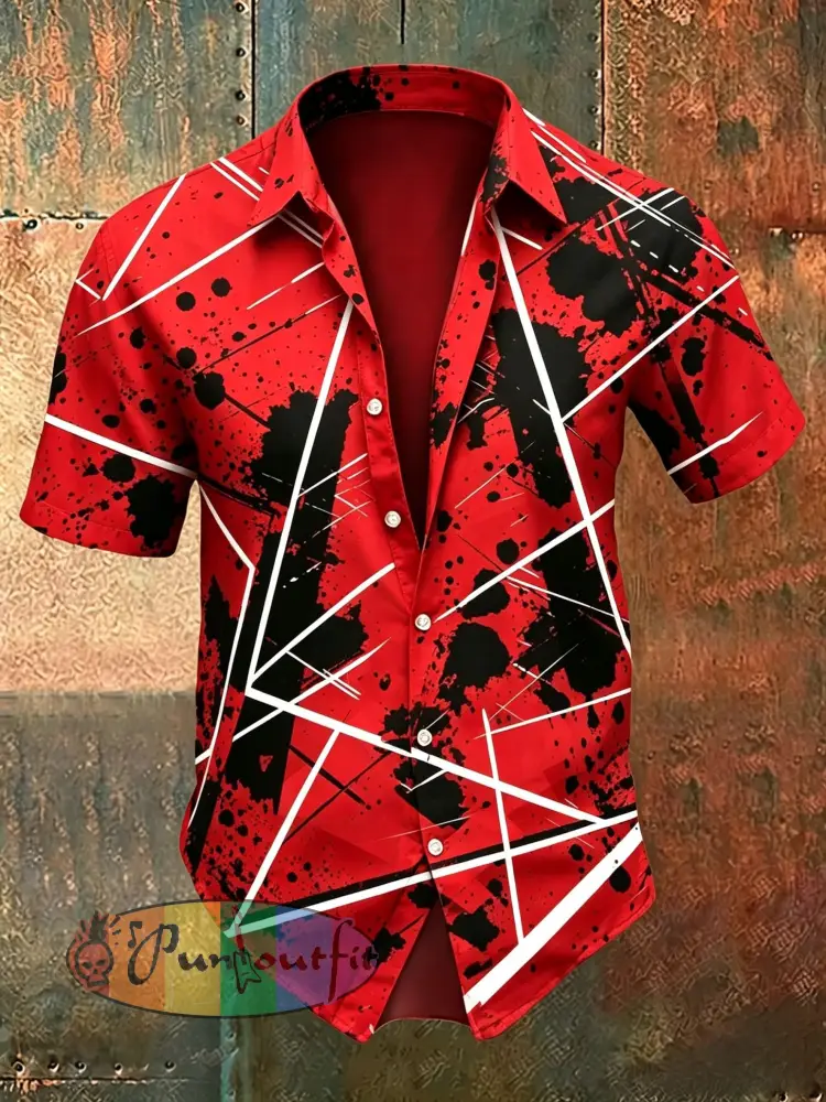 Men’s Vintage VH Guitar Line Illustration Abstract Print Casual Cotton Short Sleeve Shirt - Red · S