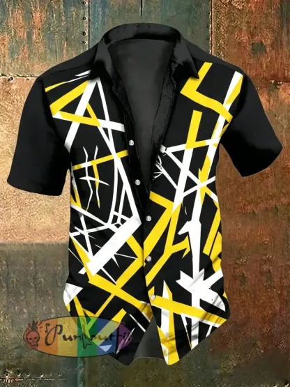Men’s Vintage VH Guitar Line Illustration Abstract Print Casual Cotton Short Sleeve Shirt - Yellow · S