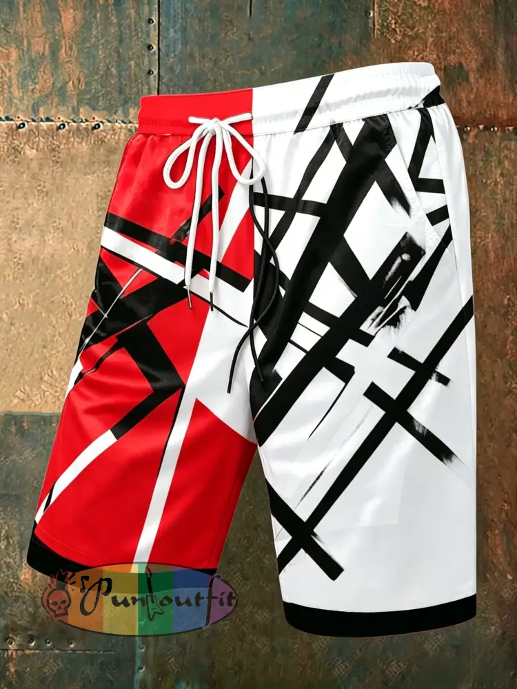Men’s Vintage Punk VH Rock Guitar Grain Abstract Print Casual Pocket Drawstring Shorts - Red · S