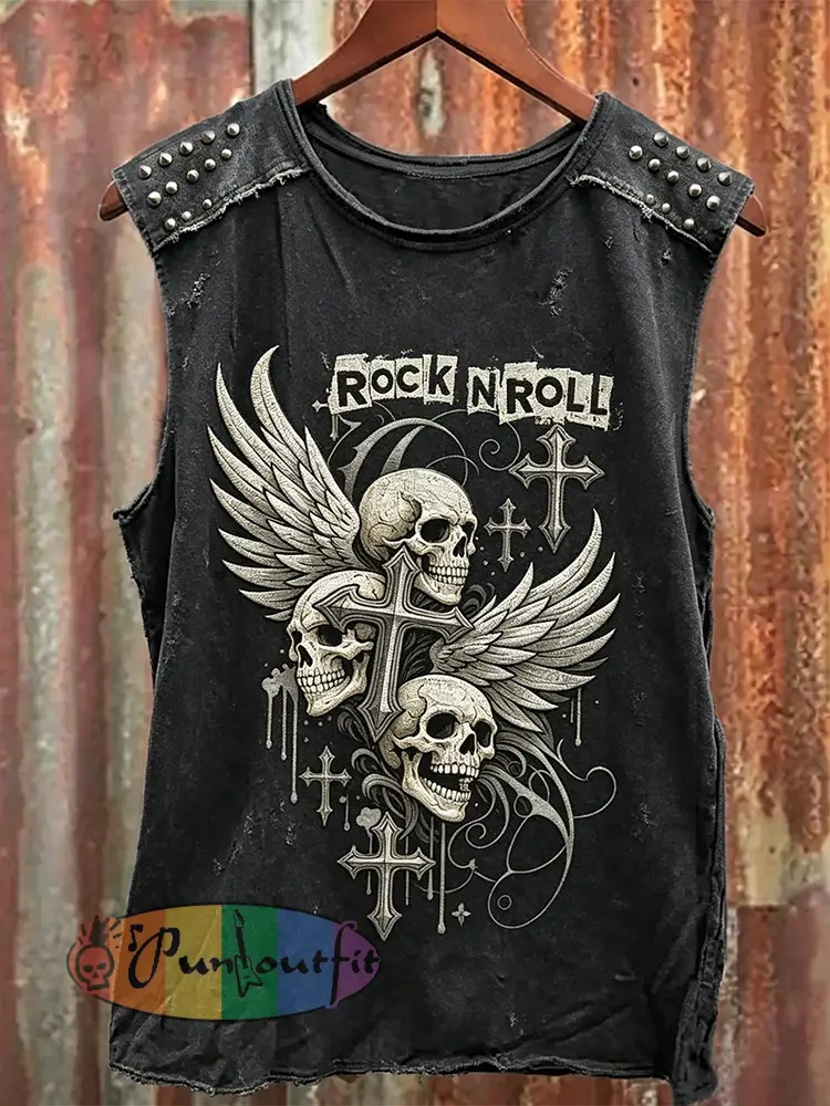 Men’s Rock N Roll Skull Wings Cross Art Print Racket Vest - Black · S