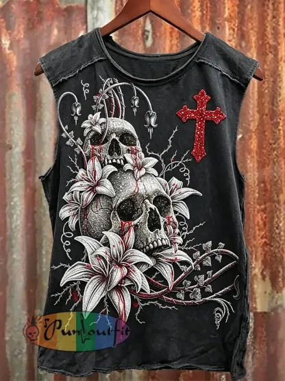 Men’s Rock N Roll Floral Skull Cross Art Print Racket Vest - Black · S