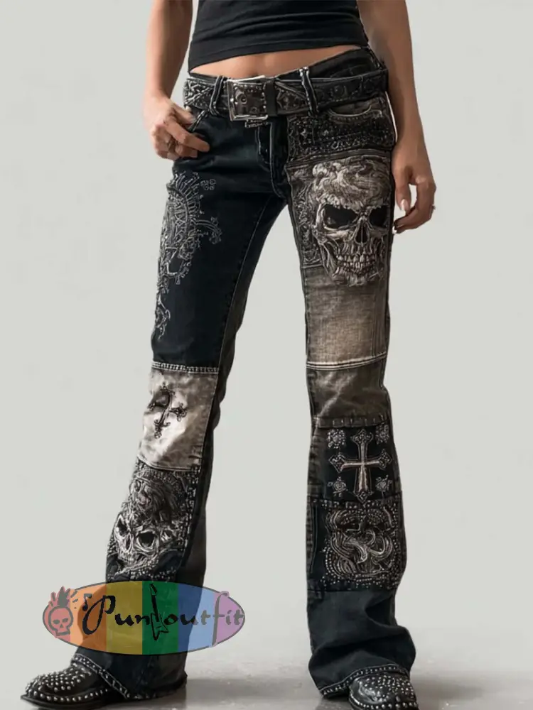 Women’s dark retro skull pattern long pants - Dark Grey · S