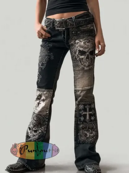 Women’s dark retro skull pattern long pants - Dark Grey · S