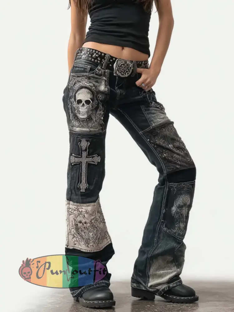 Women’s dark retro skull pattern long pants - Dark Grey · S