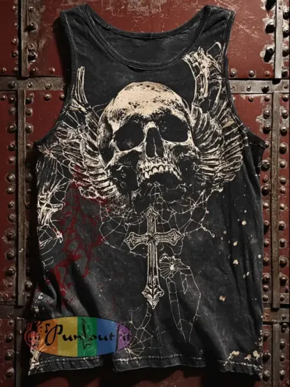 Men’s Retro Dark Rock Pattern Printed Washed Vest - Black · S