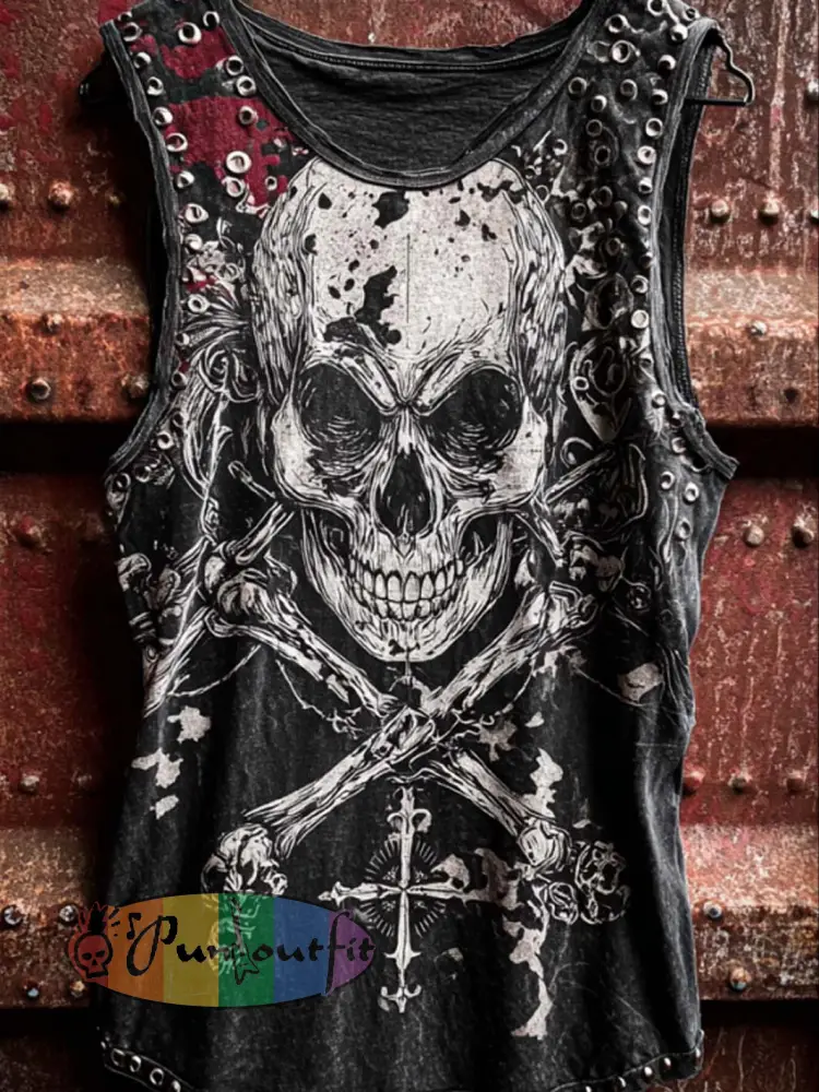 Men’s Retro Dark Rock Pattern Printed Washed Vest - Black · S