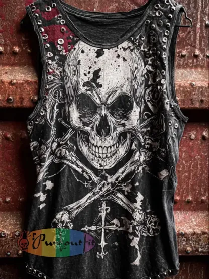 Men’s Retro Dark Rock Pattern Printed Washed Vest - Black · S