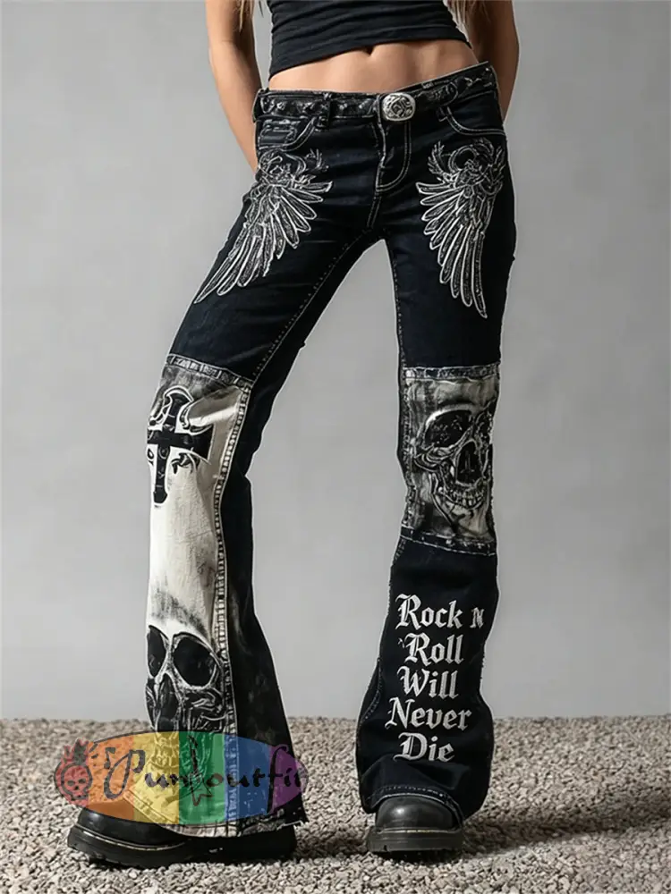 Women’s Rock N Roll Will Never Die Skull & Wings Art Print Flared Jeans - Black · S