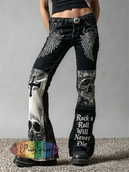 Women’s Rock N Roll Will Never Die Skull & Wings Art Print Flared Jeans - Black · S