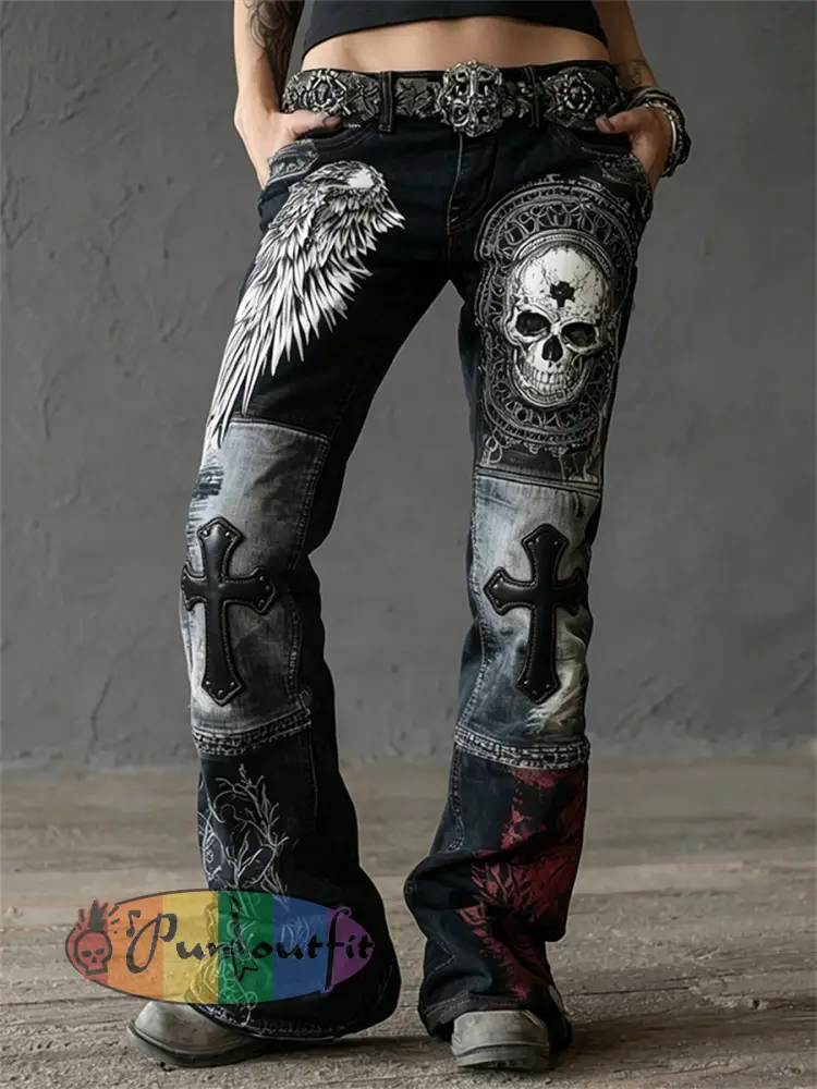 Women’s Rock Style Skull & Wings Cross Colorblock Art Print Flared Jeans - Black · S