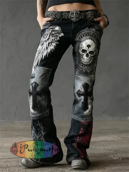 Women’s Rock Style Skull & Wings Cross Colorblock Art Print Flared Jeans - Black · S