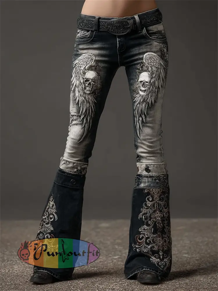 Women’s Vintage Rock Style Skulls with Wings Cross Art Print Flared Jeans - Black · S