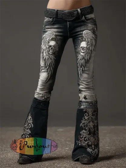 Women’s Vintage Rock Style Skulls with Wings Cross Art Print Flared Jeans - Black · S