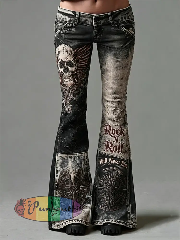 Women’s Rock N Roll Will Never Die Skull with Wings Art Print Flared Trousers - Black · S