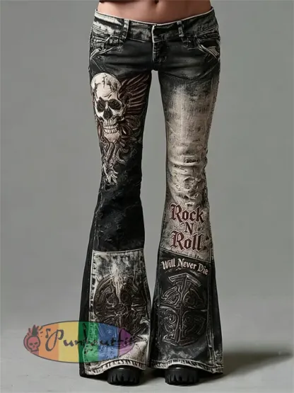 Women’s Rock N Roll Will Never Die Skull with Wings Art Print Flared Trousers - Black · S