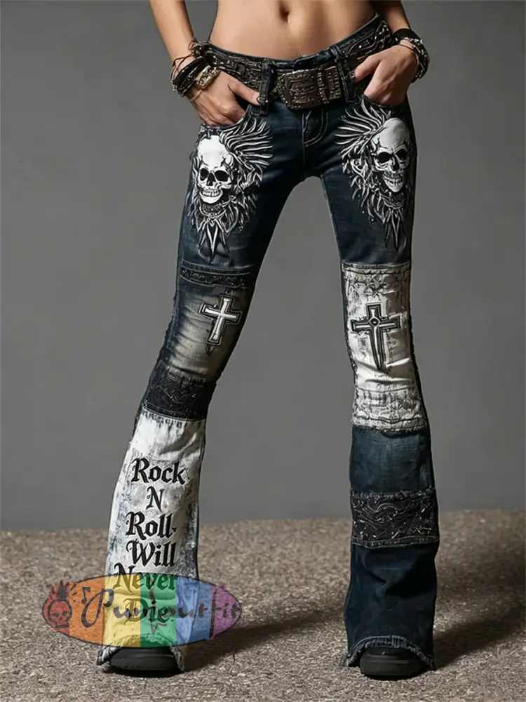 Women’s Rock N Roll Will Never Die Skull Colorblock Art Print Flare Jeans - Black · S