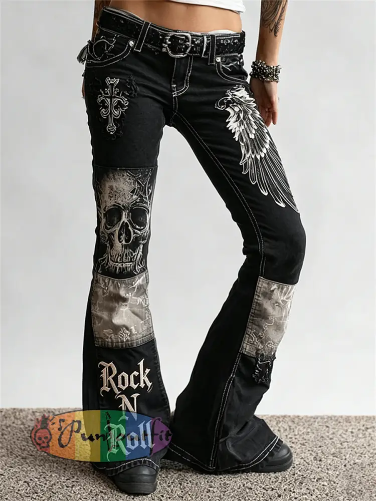 Women’s Rock N Roll Skull & Wings Colorblock Art Print Flared Trousers - Black · S
