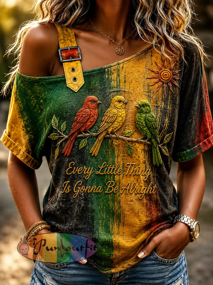 Women’s Retro Reggae Abstract Art Off-the-Shoulder T-Shirt - As picture · S