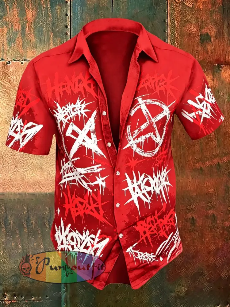 Men’s Vintage VH Guitar Line Illustration Abstract Print Casual Cotton Short Sleeve Shirt - Red · S
