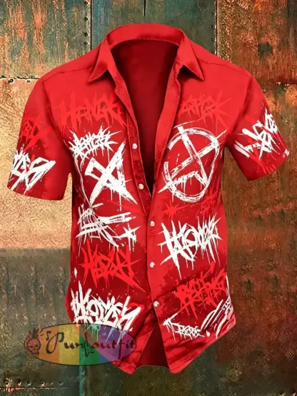 Men’s Vintage VH Guitar Line Illustration Abstract Print Casual Cotton Short Sleeve Shirt - Red · S