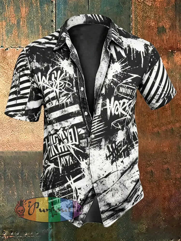 Men’s Vintage VH Guitar Line Illustration Abstract Print Casual Cotton Short Sleeve Shirt - Black · S