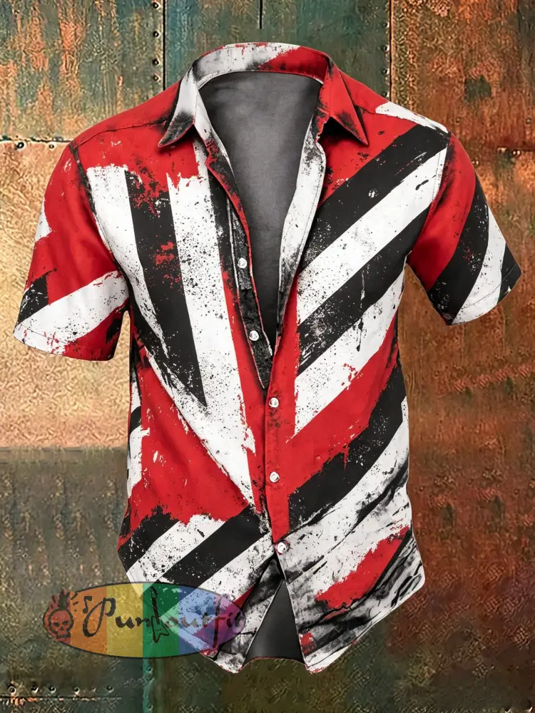 Men’s Vintage VH Guitar Line Illustration Abstract Print Casual Cotton Short Sleeve Shirt - Red · S