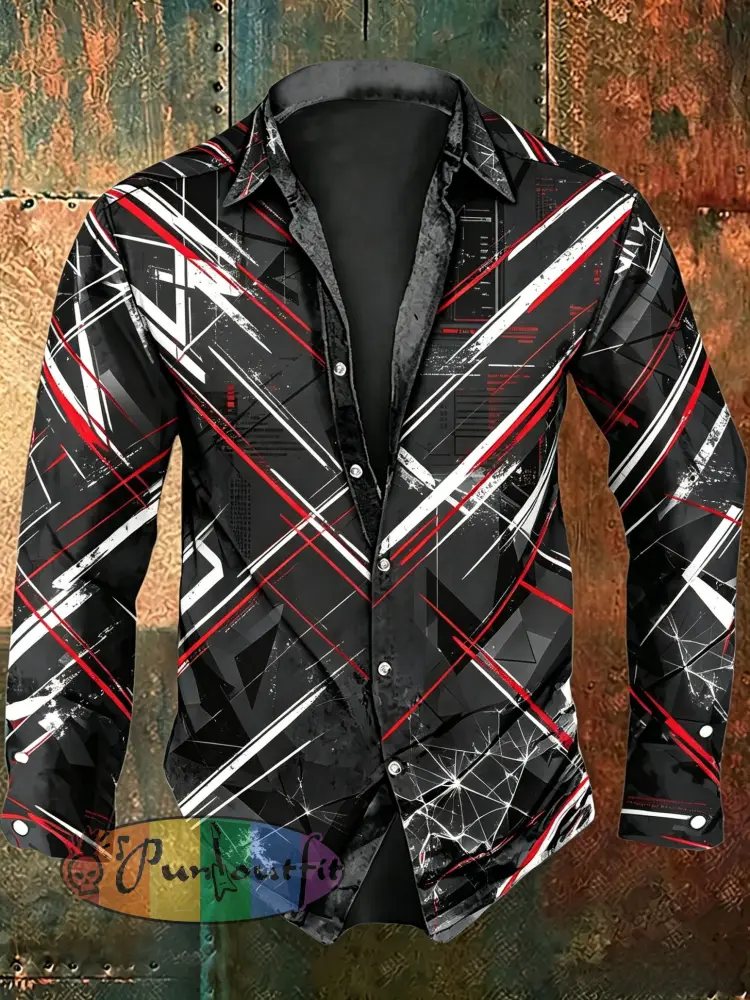 Men’s Vintage VH Guitar Line Illustration Abstract Print Casual Cotton Long-Sleeve Shirt - Gray · S