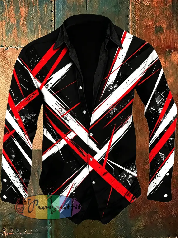 Men’s Vintage VH Guitar Line Illustration Abstract Print Casual Cotton Long-Sleeve Shirt - Black · S