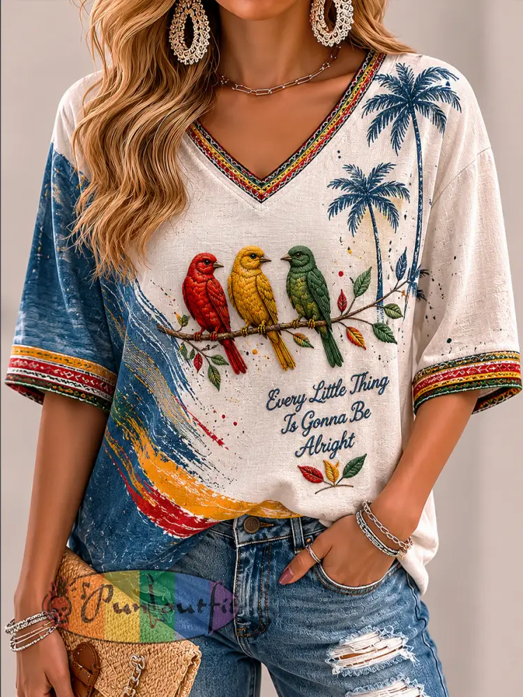Women’s Retro Reggae Artistic Casual V-Neck T-Shirt - As picture · S