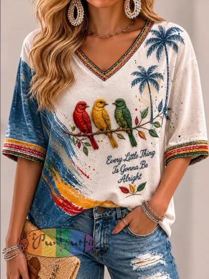 Women’s Retro Reggae Artistic Casual V-Neck T-Shirt - As picture · S