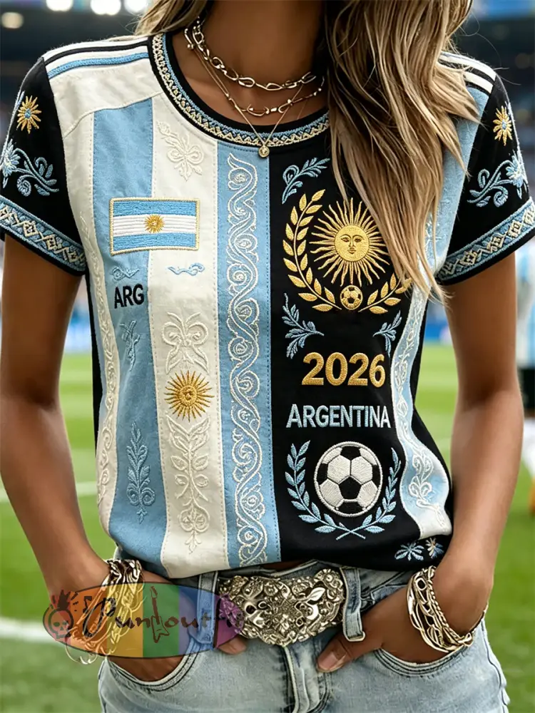Women’s Argentina 2026 Team Flag Inspired Ethnic Colorblock Print short-sleeved T-shirt - Black · S