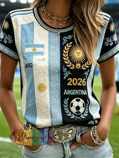 Women’s Argentina 2026 Team Flag Inspired Ethnic Colorblock Print short-sleeved T-shirt - Black · S