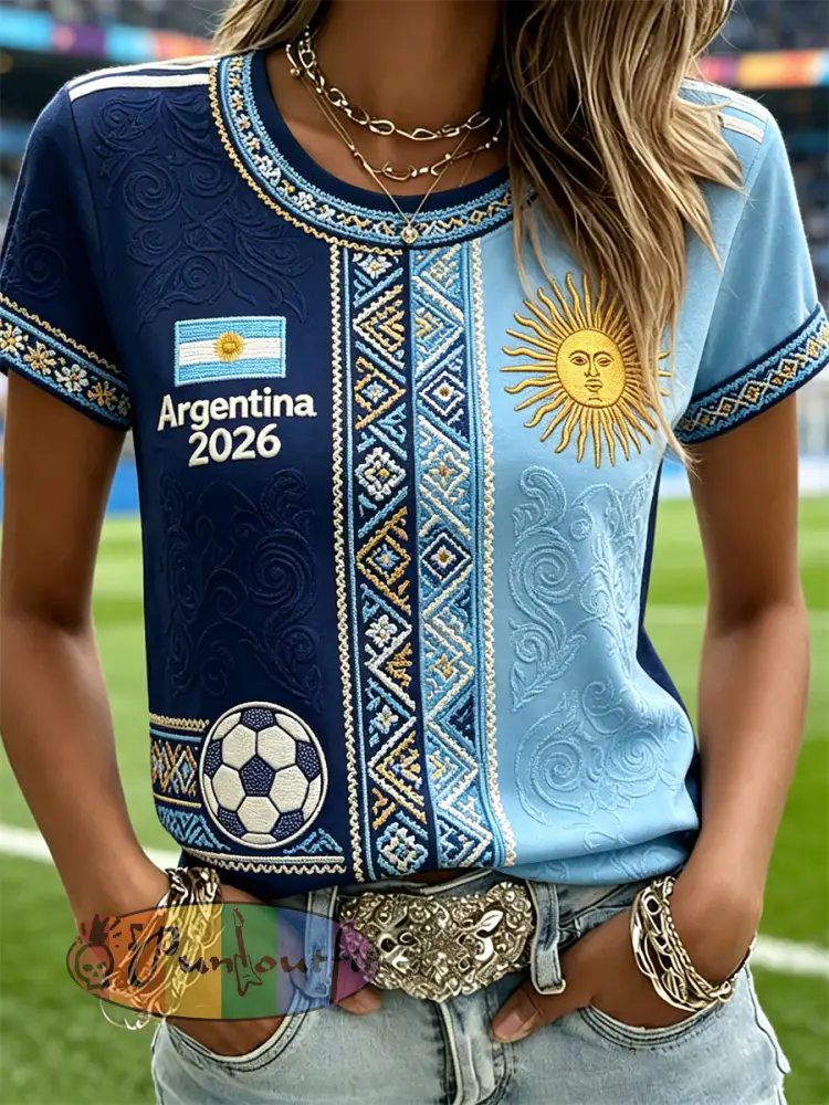 Women’s 2026 Argentina Team Flag & Sun Ethnic Contrast Print short-sleeved T-shirt - Deep Blue · S
