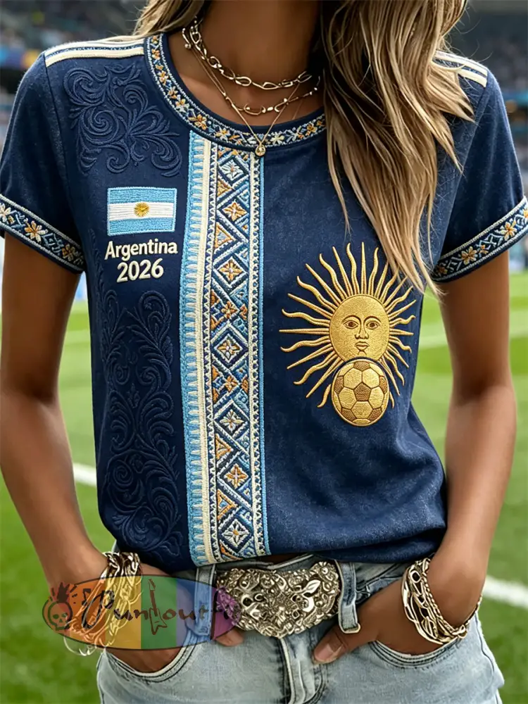 Women’s Argentina 2026 Team & Flag Ethnic Print short-sleeved T-shirt - Deep Blue · S