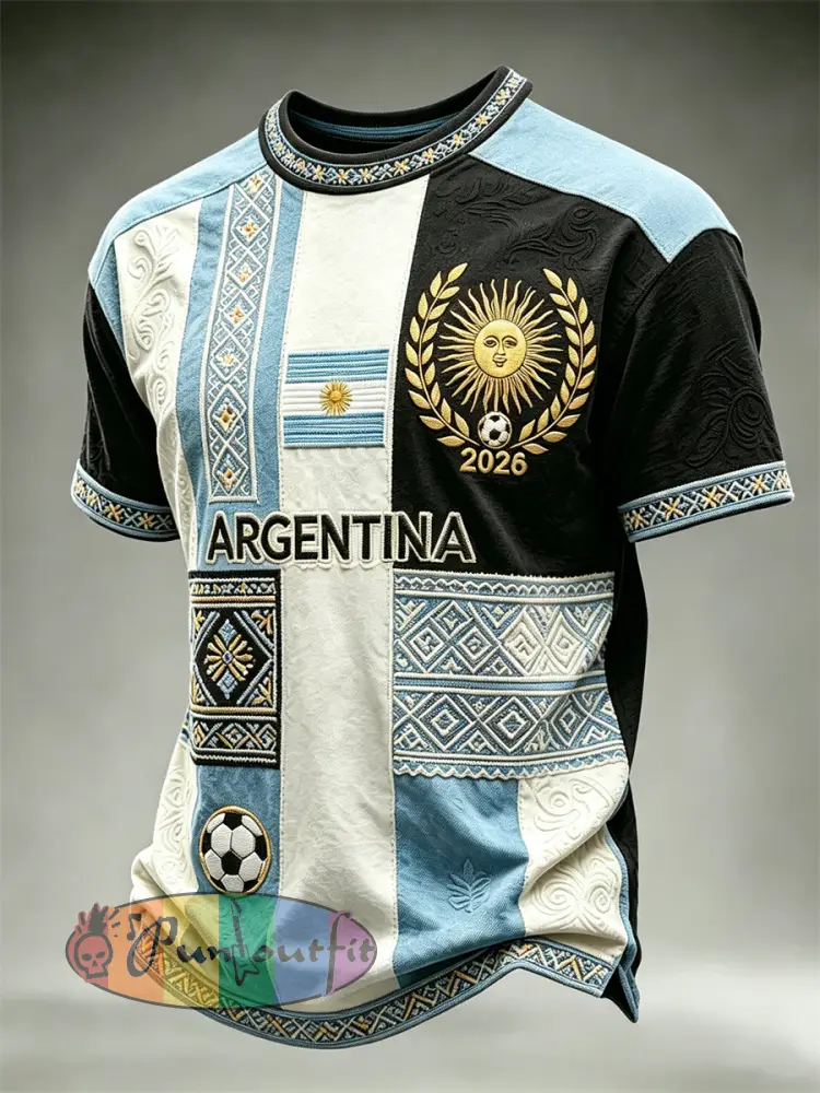 Men’s 2026 Argentina Team Flag Ethnic Colorblock Print short sleeves t-shirt - Black · S
