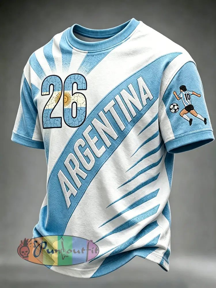 Men’s 2026 Argentina Football Inspired Pattern Print Short Sleeves T-shirt - Blue · S