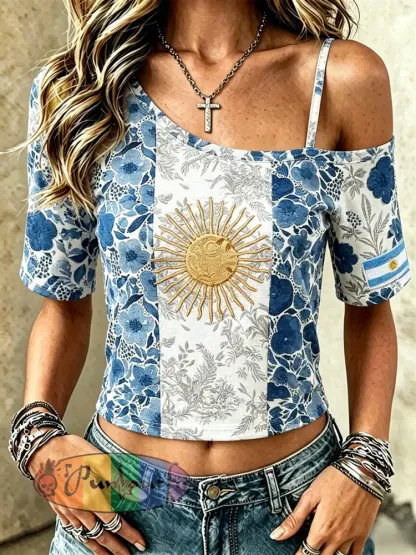 Women’s Argentina Football Inspired Floral Print Short Sleeve T-shirt - Blue · S