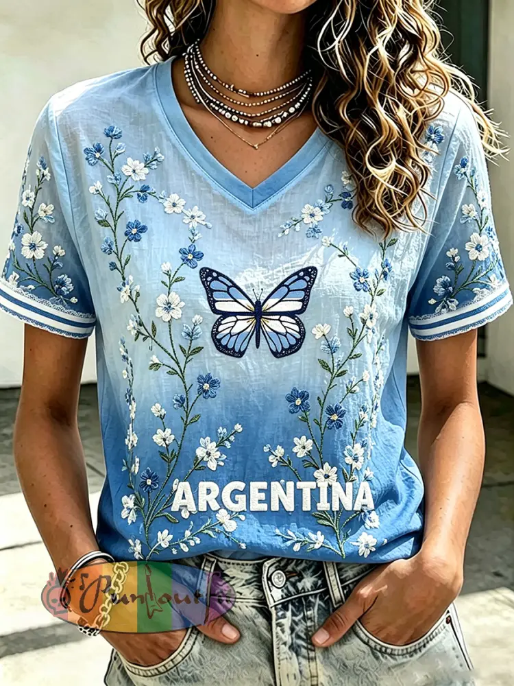 Women’s Argentina 2026 Team & Butterfly Floral Print Linen Short-sleeved T-shirt - Blue · S