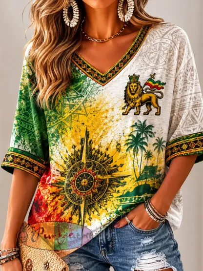 Women’s Reggae Print Casual T-Shirt - As picture · S
