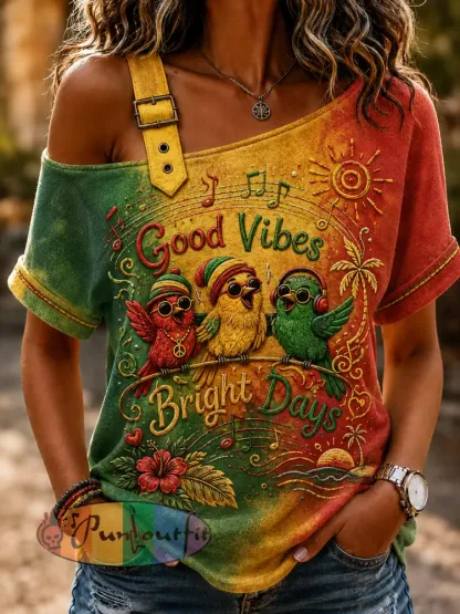 Women’s Gradient Casual Off-the-Shoulder T-Shirt for Reggae Music Fans - As picture · S