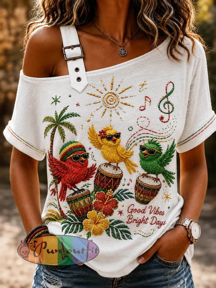 Classic Off-the-Shoulder T-Shirt for Women Who Love Reggae Music - As picture · S